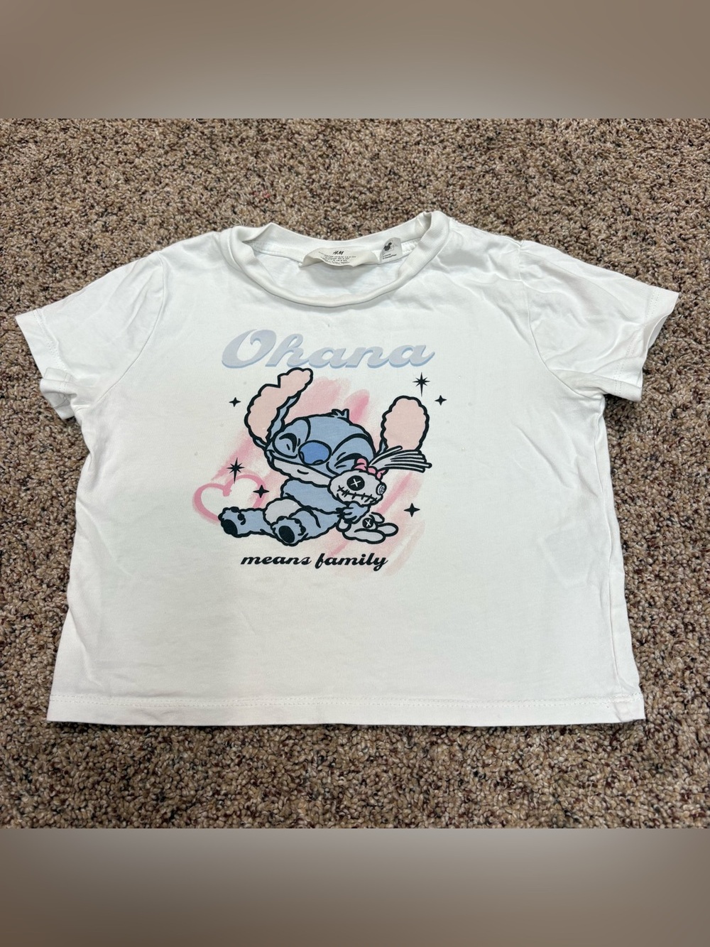 H&M Disney White Kids Tee with Blue & Pink Stitch Graphic size 8/10 boxy crop
